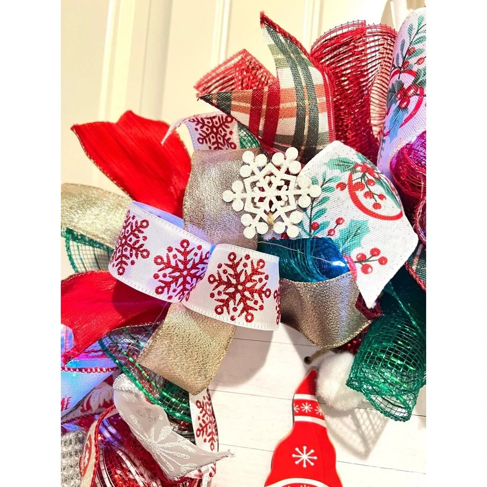 Handmade Christmas Gnome for the Holidays Ribbon Door Wreath 22 ins LED W37